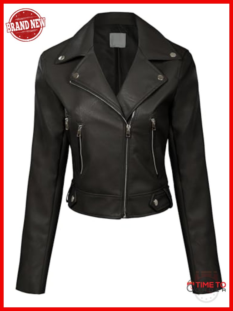 Long Sleeve Faux Leather Moto Jacket With Asymmetrical Zip Closure